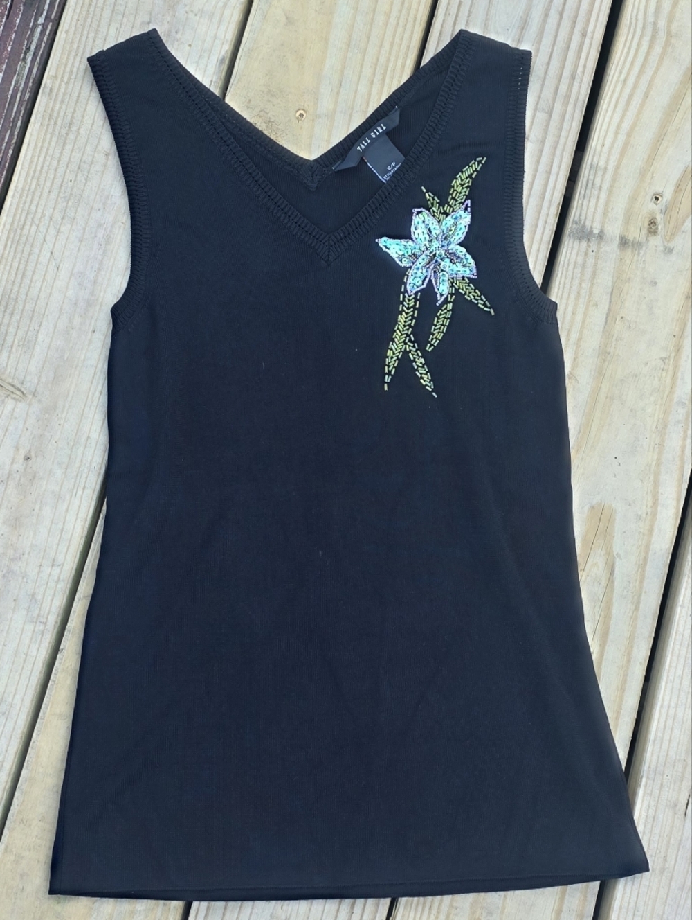 Black Sleeveless Tank Top with Iridescent Floral Accent